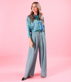 Wide viscose pants with natural silk blouse