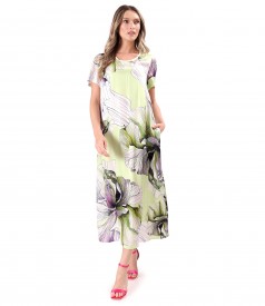 Midi viscose satin dress printed with oversized flowers