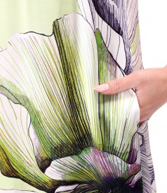 Midi viscose satin dress printed with oversized flowers