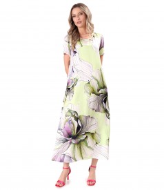 Midi viscose satin dress printed with oversized flowers