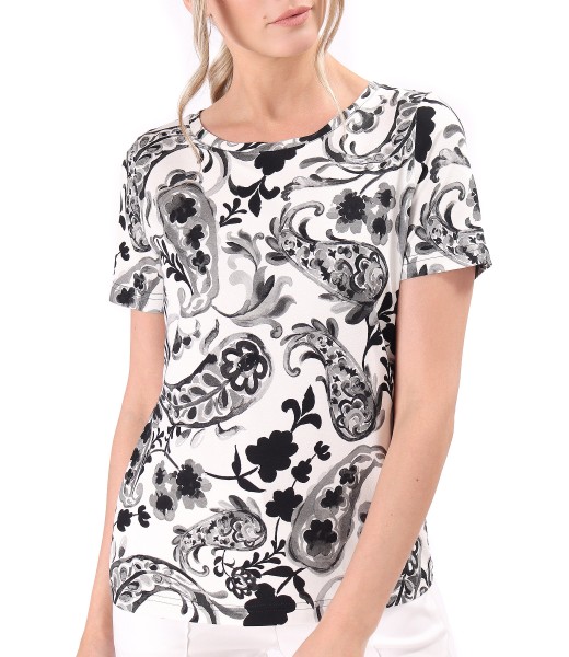 Elastic jersey blouse printed with floral motifs