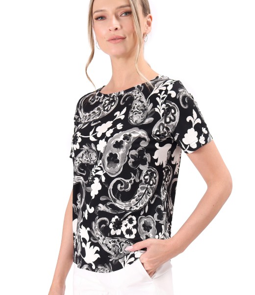 Elastic jersey blouse printed with floral motifs