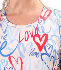 Satin viscose midi dress printed with hearts