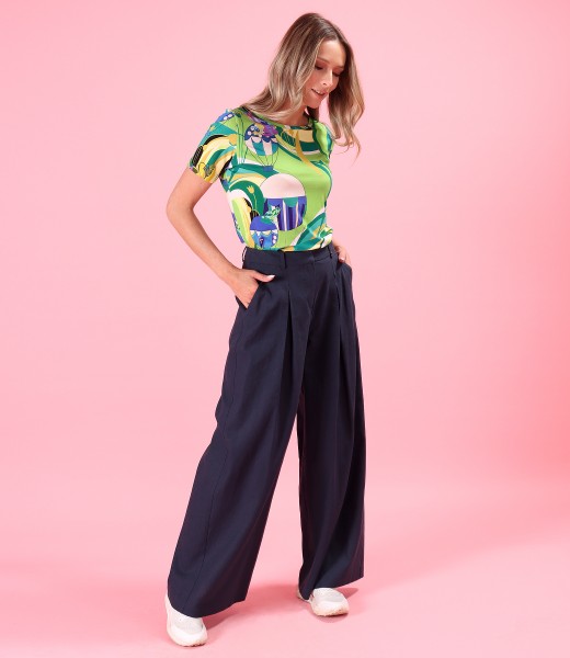 Casual outfit with pants and printed stretch jersey blouse