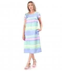 Midi dress with linen printed with stripes