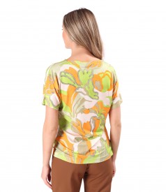 Elastic jersey blouse with gathered shoulders