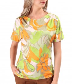 Elastic jersey blouse with gathered shoulders