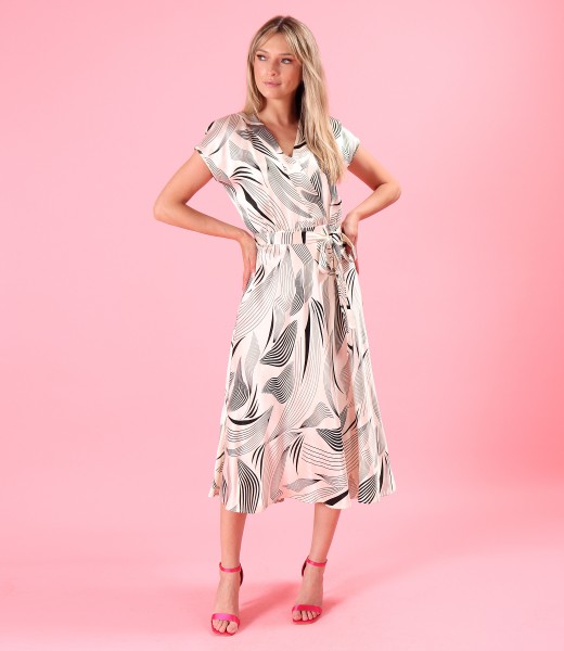 Viscose satin midi dress with drawstring waist