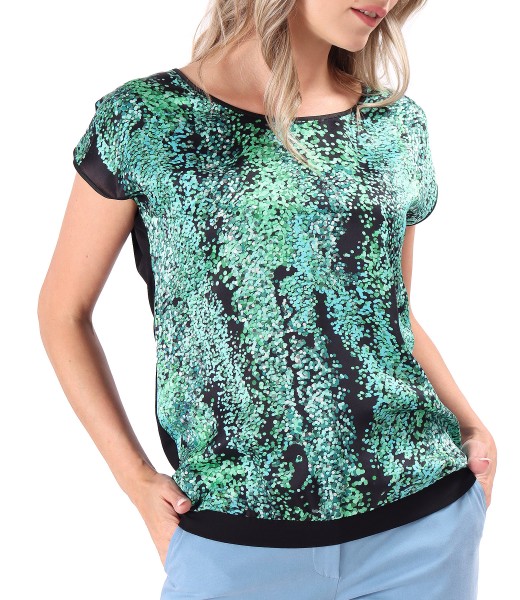 Blouse with natural silk front with geometric motifs