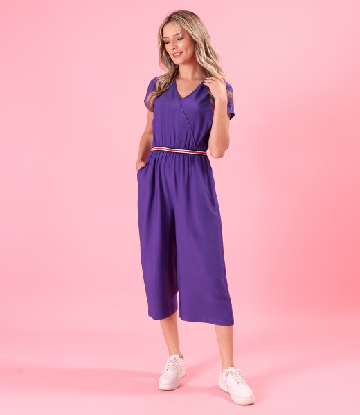 Viscose midi jumpsuit with pockets and elastic trim