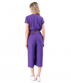 Viscose midi jumpsuit with pockets and elastic trim