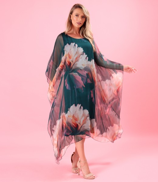 Midi butterfly silk chiffon dress with floral print