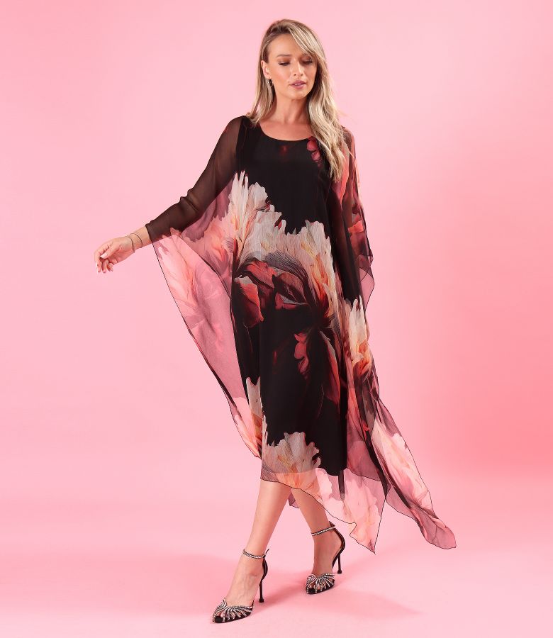 Midi butterfly silk chiffon dress with floral print