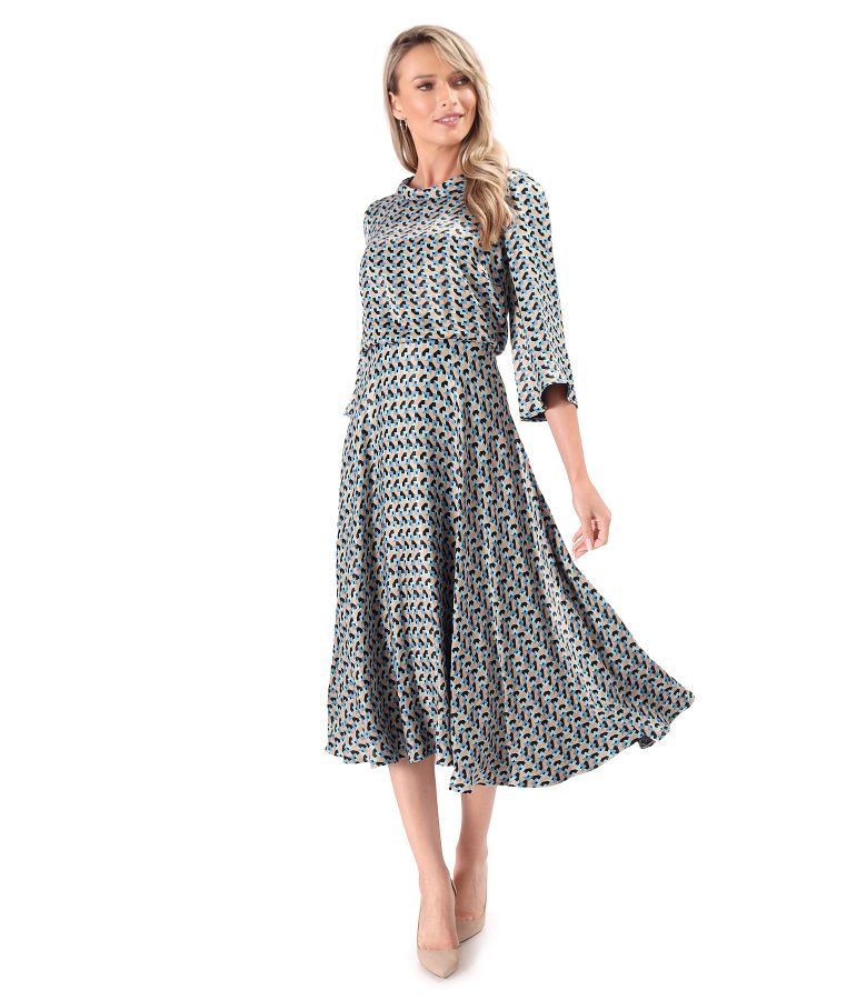 Midi viscose satin dress printed with geometric motifs
