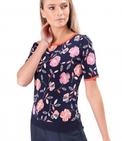 Elastic jersey blouse with embossed print