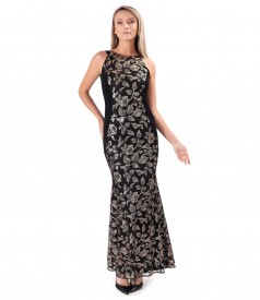 Long evening dress made of gold sequins with floral motifs