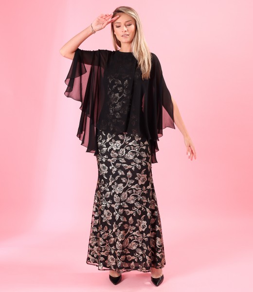 Sequined evening dress and veil cape