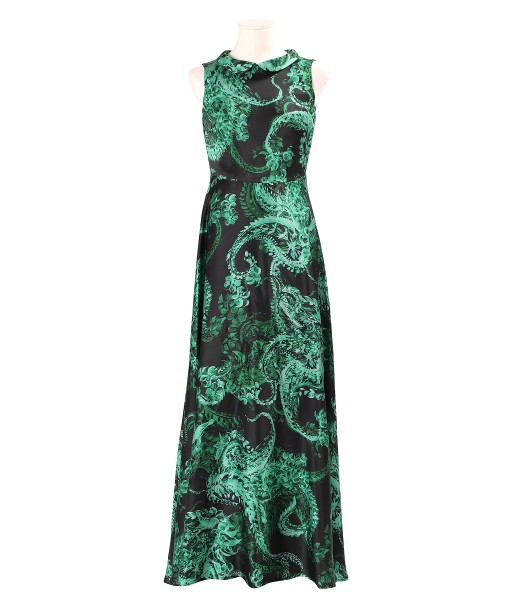 Long natural silk dress printed with paisley motifs
