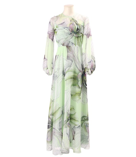 Long printed soft voile dress with oversized floral motifs