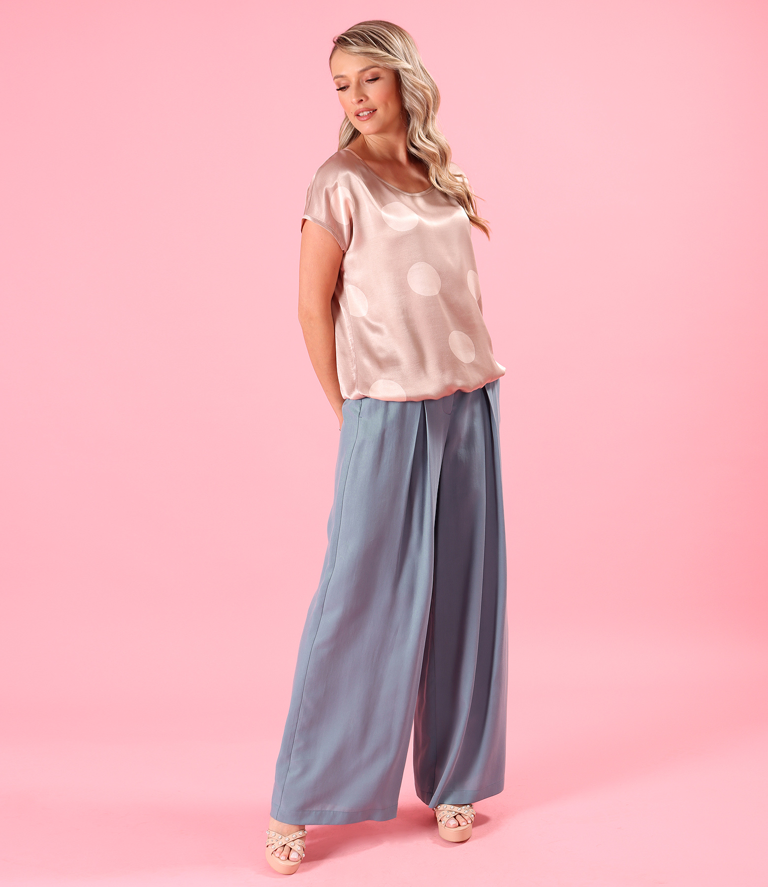 Satin viscose blouse printed with polka dots