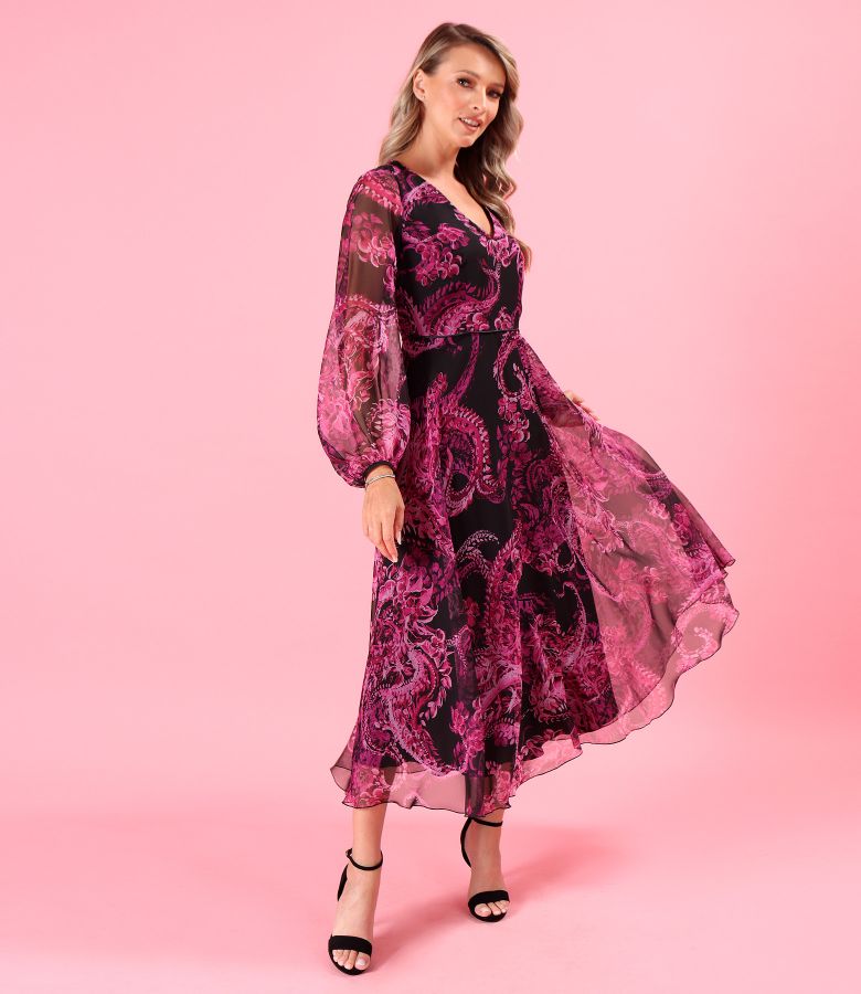 Midi dress made of veil digitally printed with paisley motifs