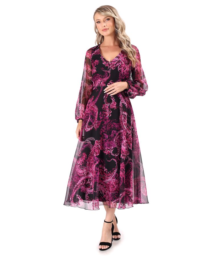 Midi dress made of veil digitally printed with paisley motifs