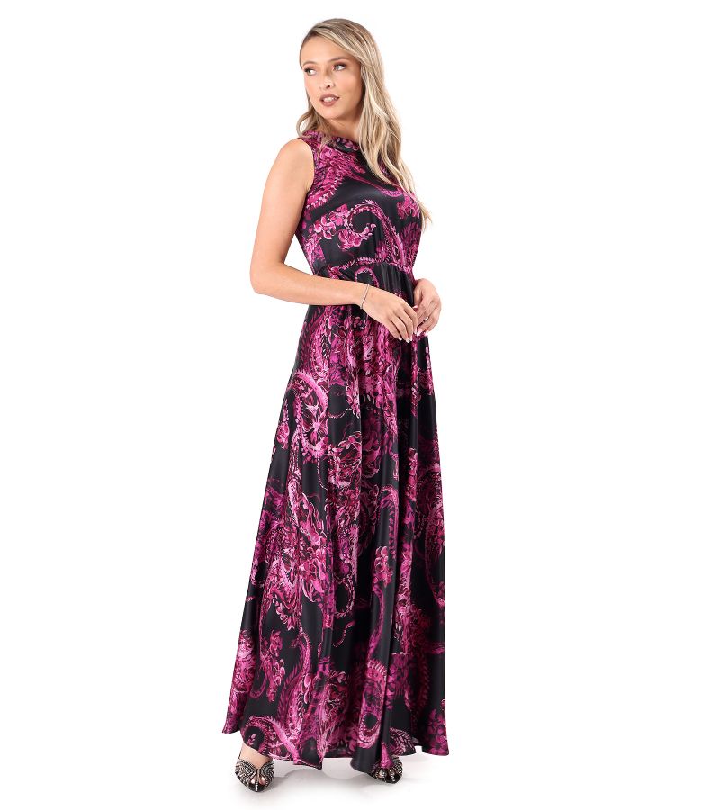 Long natural silk dress printed with paisley motifs