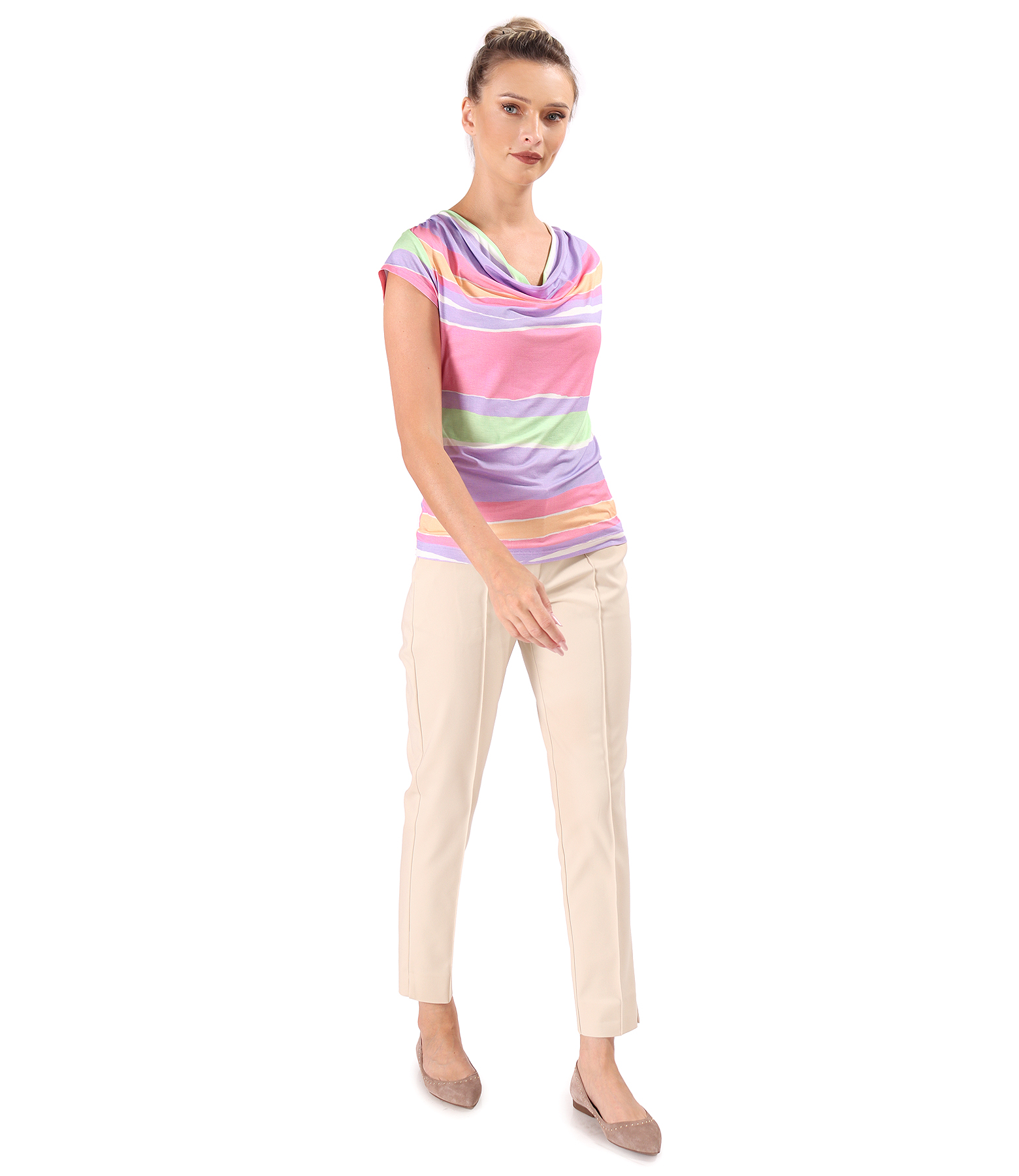Blouse made of elastic jersey digitally printed with stripes