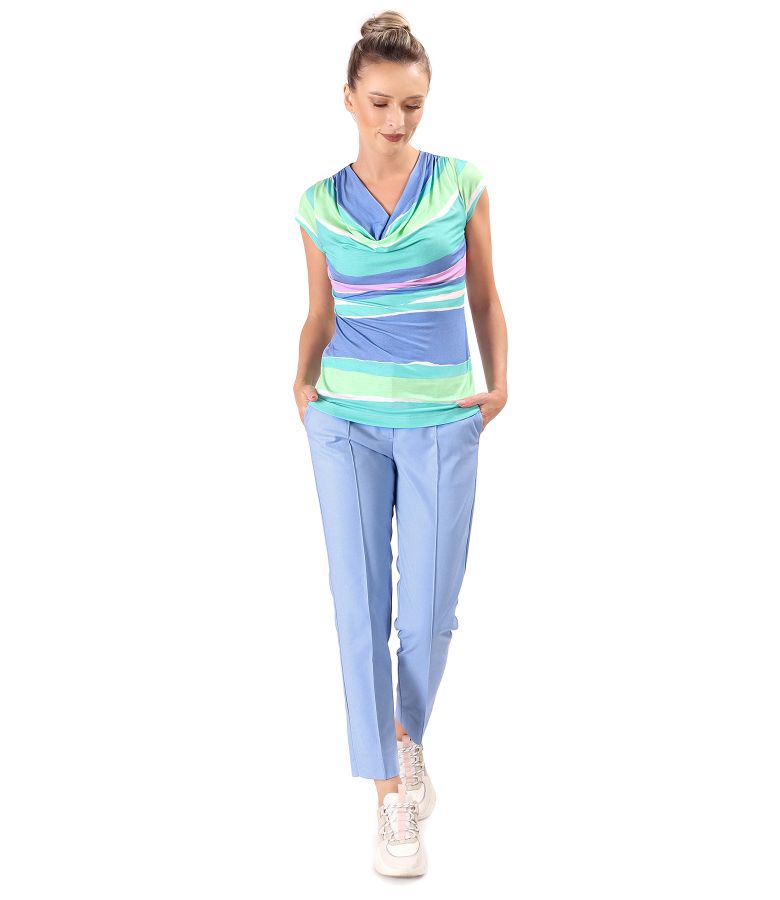 Blouse made of elastic jersey digitally printed with stripes