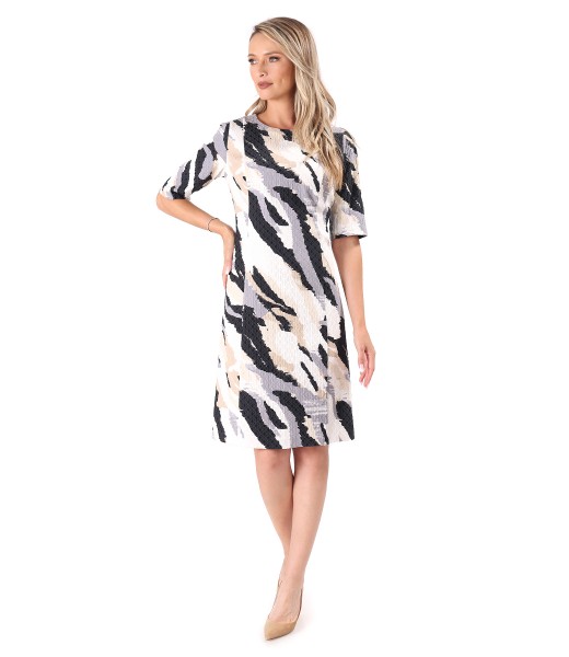 Flared dress made of printed elastic brocade