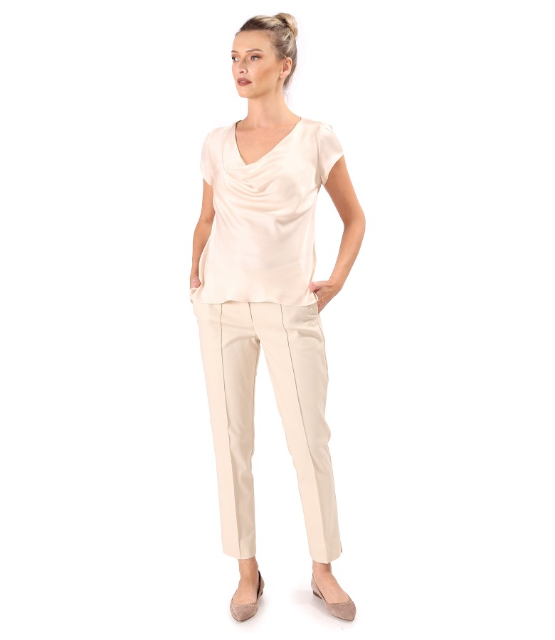 Viscose satin blouse with front stripe ankle pants