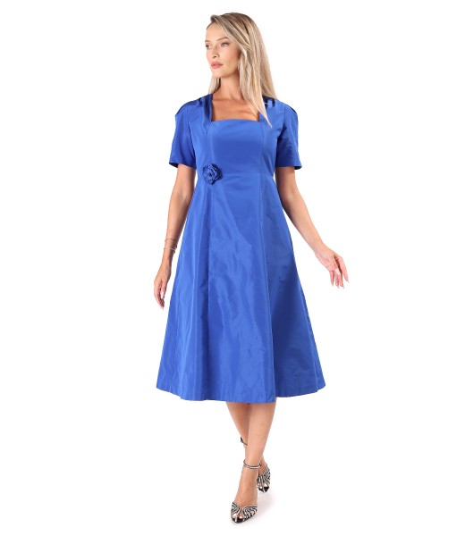 Flared taffeta dress with flower at the waist